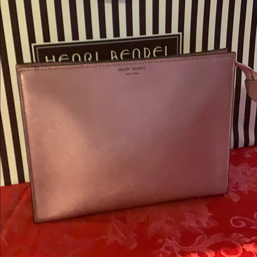Henri Bendel metallic pink leg cosmetic bag